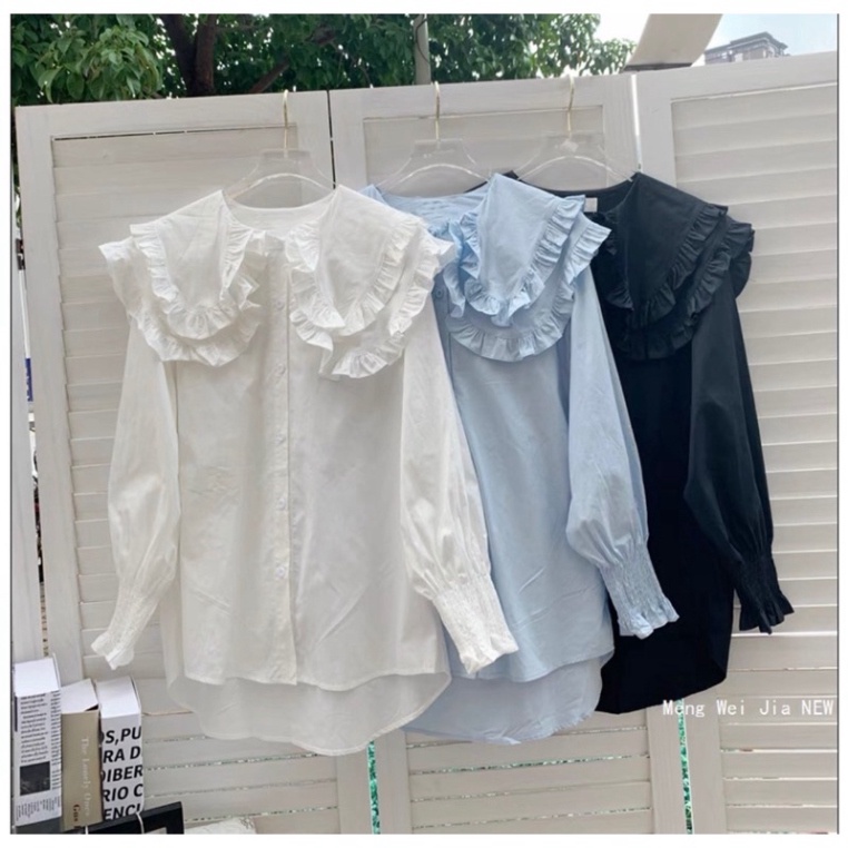 Áo Sơmi Cổ Bèo Tay Phồng Tiểu Thư Tay Bo Chun Áo Kiểu Nữ Trắng Siêu cute ulzzang cánh tiên mầu trắng | BigBuy360 - bigbuy360.vn