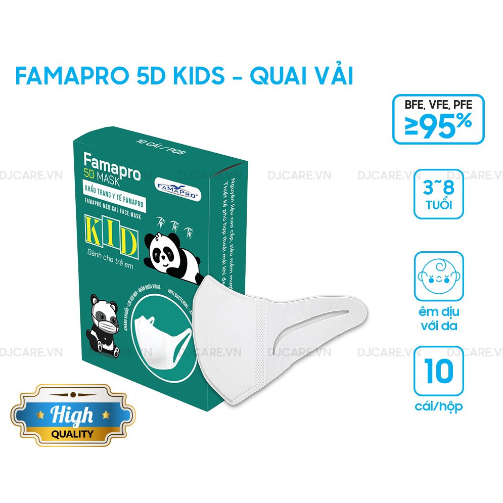 [5D MASK KID QUAI VẢI COMBO 5 HỘP 10 CÁI] Khẩu trang y tế trẻ em kháng khuẩn 3 lớp Famapro