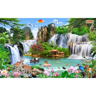 tranh 3d dán tường in Vải Lụa tranh sơn thủy hữu tình thác nước 120x80cm