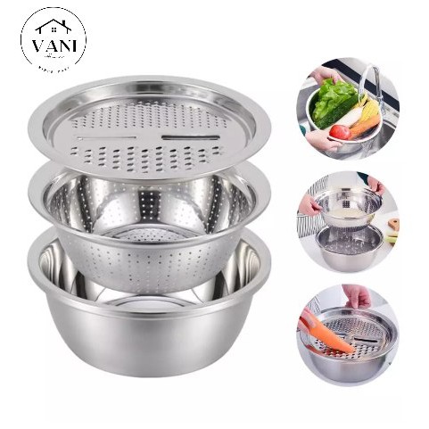 Bộ thau inox vỉ bào rau củ quả - Bộ 3 món inox bàu rau củ hoa quả - Vỉ bào hoa quả