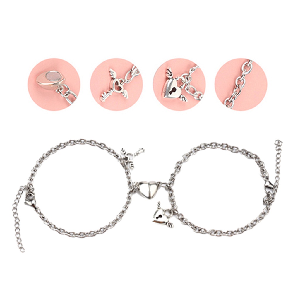 Set 2 Vòng Tay Thép Titan Mặt Khóa Trái Tim Có Nam Châm Thời Trang Cho Cặp Đôi HSU