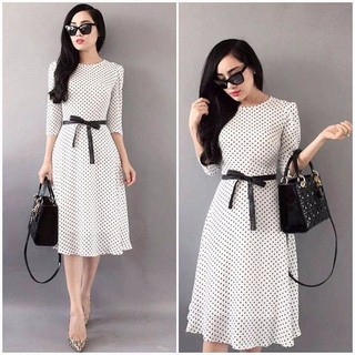 Đầm vintage chấm bi thắt eo - NR148