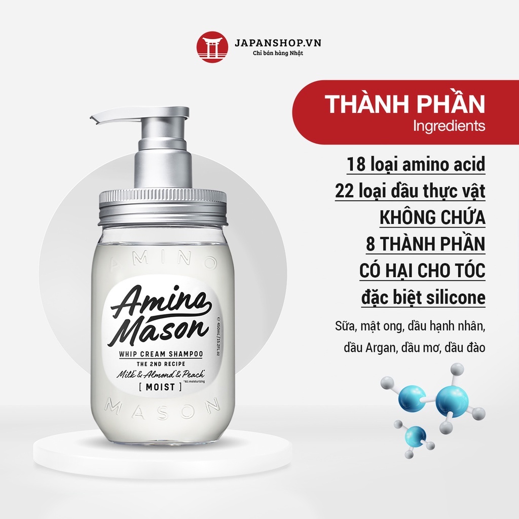 Combo dầu gội xả thiên nhiên phục hồi hư tổn cho tóc khô, dưỡng ẩm Amino Mason 2nd Moist made in Japan