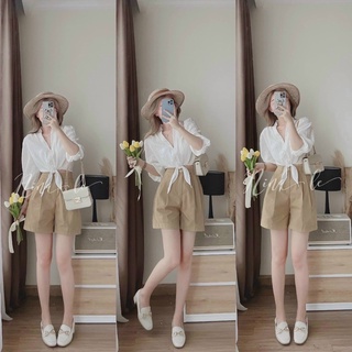 Sét bộ đồ nữ áo sơ mi cột eo phối quần đùi dễ thương - Sét bộ đồnữ áo sơmi tay lửng kết cườm phới quần đùi ống rộng xinh