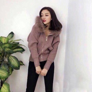Áo khoác len mũ lông thỏ