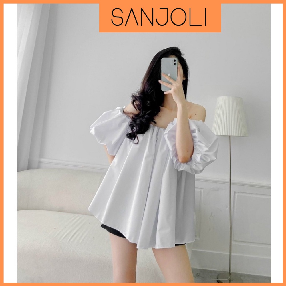 Áo Hở Vai SANJOLI Áo Trễ Vai Bánh Bèo Tay Phồng Kiểu Babydoll Rộng Màu Đen Phong Cách Hàn Quốc Dễ Thương AO053