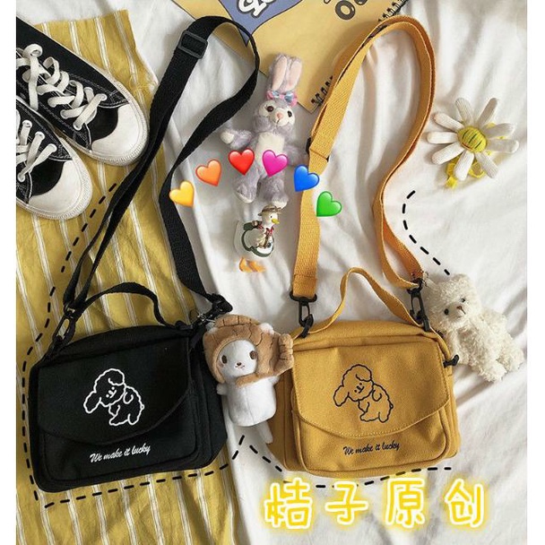 Túi đeo chéo bằng canvas thêu hình chú chó đáng yêu phong cách Harajuku Nhật Bản