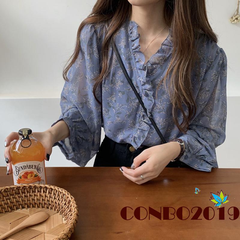 Áo Voan Hoa Tay Phồng Cổ Tim Phong Cách Thanh Lịch Dành Cho Nữ