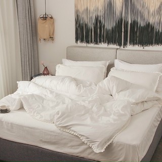 Bộ chăn ga gối cotton tici viền bèo màu trắng