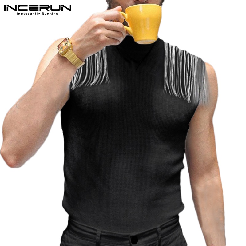 Áo thun INCERUN không tay dáng ôm phối tua rua màu trơn sành điệu cho nam