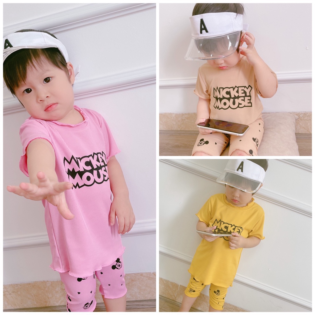 Bộ cộc tay bé gái, bộ tăm lạnh QC Mickey Mouse sóng viền cổ cho bé