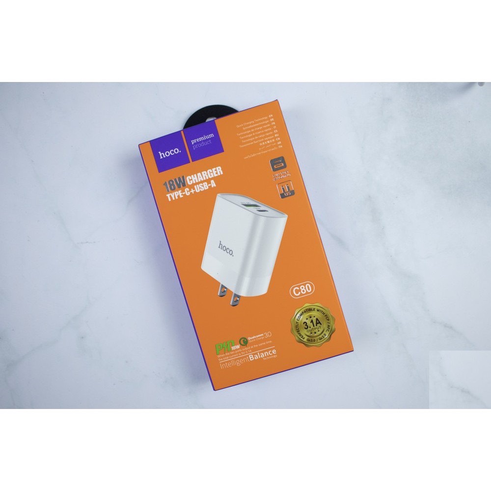 Củ Sạc Nhanh 2 Cổng - CAO CẤP - Cốc Sạc Hoco C80 - Sạc Nhanh PD 18W  Cho Iphone/Android - Bảo Hành 12 Tháng