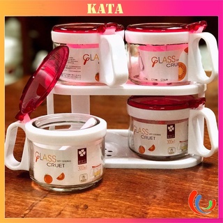 Bộ Lọ Đựng Gia Vị Thủy Tinh Có Thìa Nắp Bật Nhựa PET Cao Cấp ZA6330 Dung Tích 4x300 ml