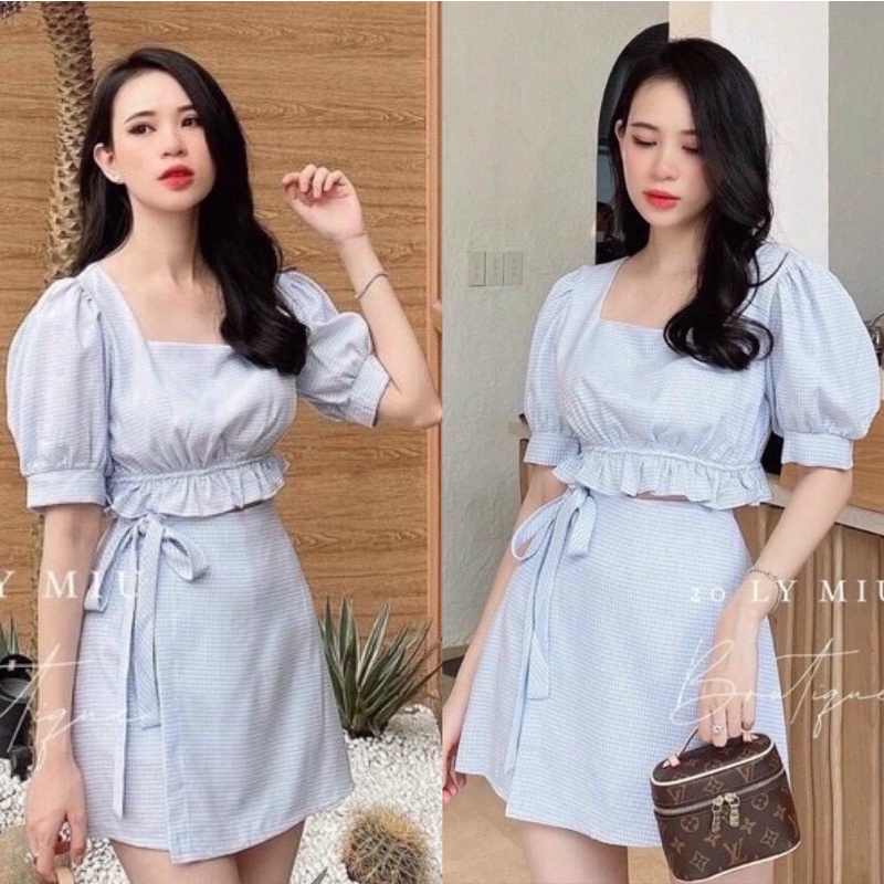 Set Bộ Áo Phối Chân Váy Ngắn Set Váy Caro Set áo cổ vuông