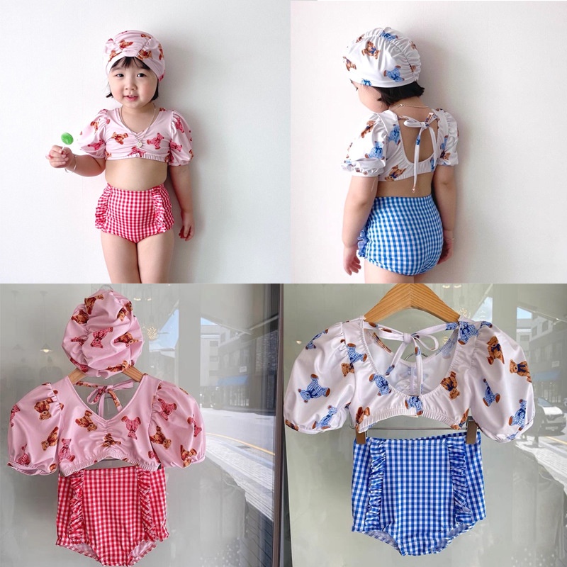 Bộ Đồ Bơi Hai Mảnh Áo Tay Ngắn Và Quần Ngắn Họa Tiết Gấu Hoạt Hình Phong Cách Hàn Quốc Thời Trang Mùa Hè Cho Bé Gái