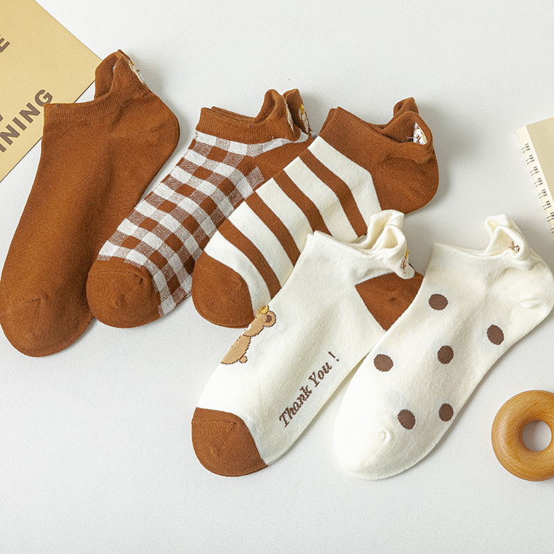 Vớ Cotton Mỏng Cổ Thấp Thêu Họa Tiết Gấu Nâu Dễ Thương Phong Cách Nhật Bản Thời Trang Xuân Hè Cho Nữ