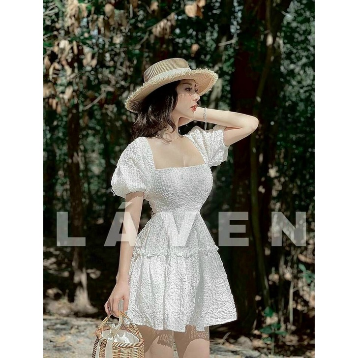 Đầm xòe cổ vuông đi tiệc sang chảnh, váy xòe công chúa tay ngắn cột dây lưng | BigBuy360 - bigbuy360.vn