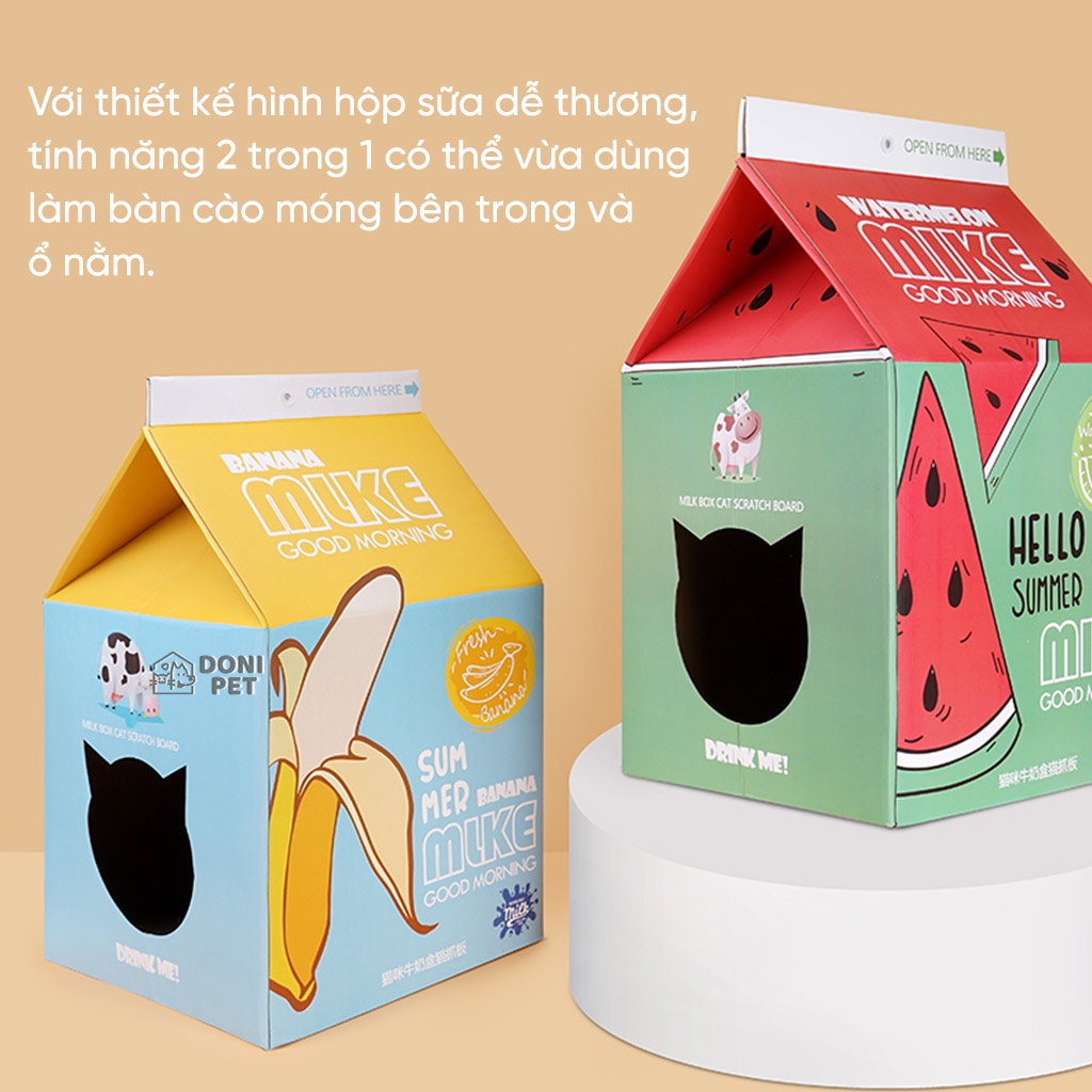 Hộp box nhà bìa kèm cào móng cho mèo hình hộp sữa size lớn - Tặng kèm catnip