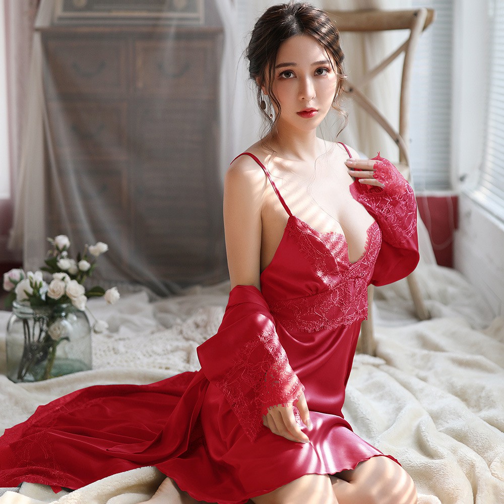 Sét 2 món ngủ lụa gồm váy và áo choàng phối ren ngực siêu hót