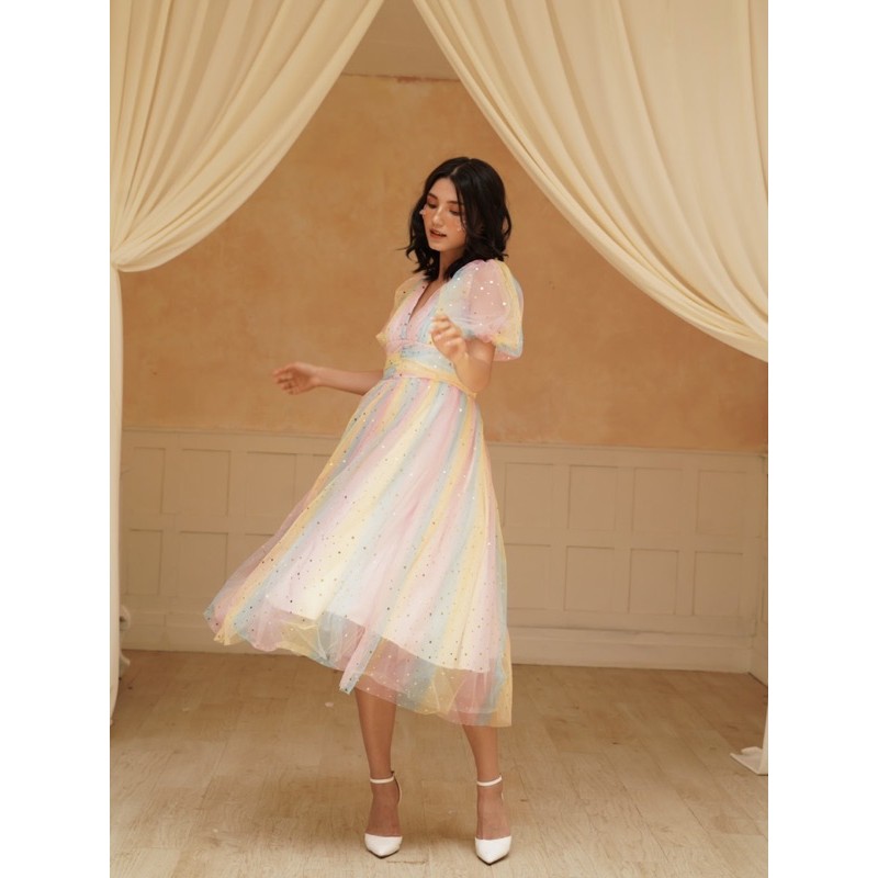 Đầm dự tiệc đi chơi laura dress thiết kế tulle cầu vồng tay bồng cổ v caocaobycaochen có bigsize