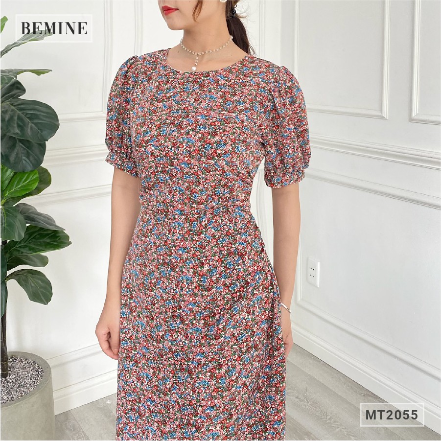 Đâm xòe nữ họa tiết hoa tay bồng xếp ly eo BEMINE MT2055RUOC