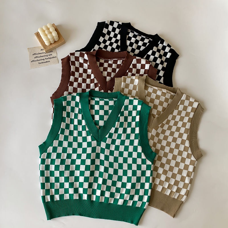 Áo len cổ chữ v không tay họa tiết sọc caro thời trang nữ