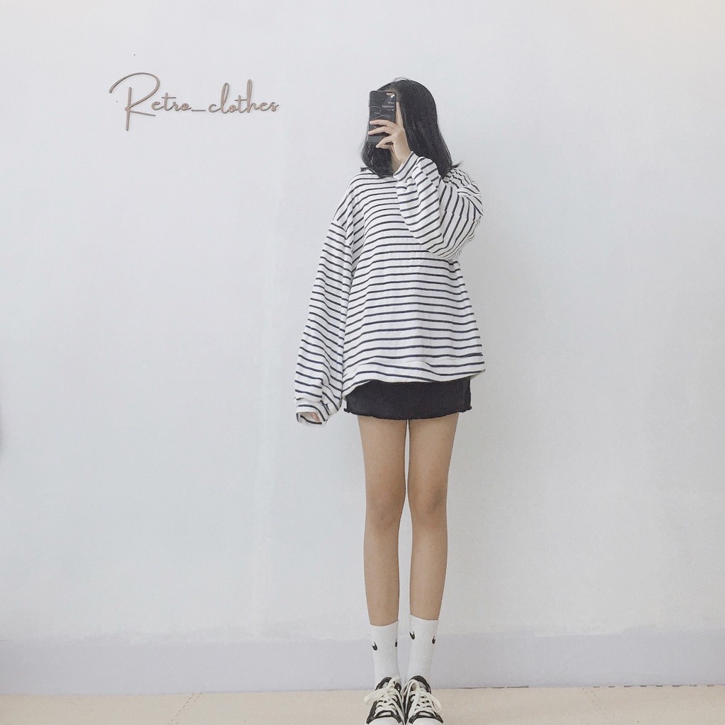 🍂 [Ảnh thật/Tự chụp] Áo kẻ ngang nữ form rộng tay dài basic phong cách Hàn xẻng | BigBuy360 - bigbuy360.vn