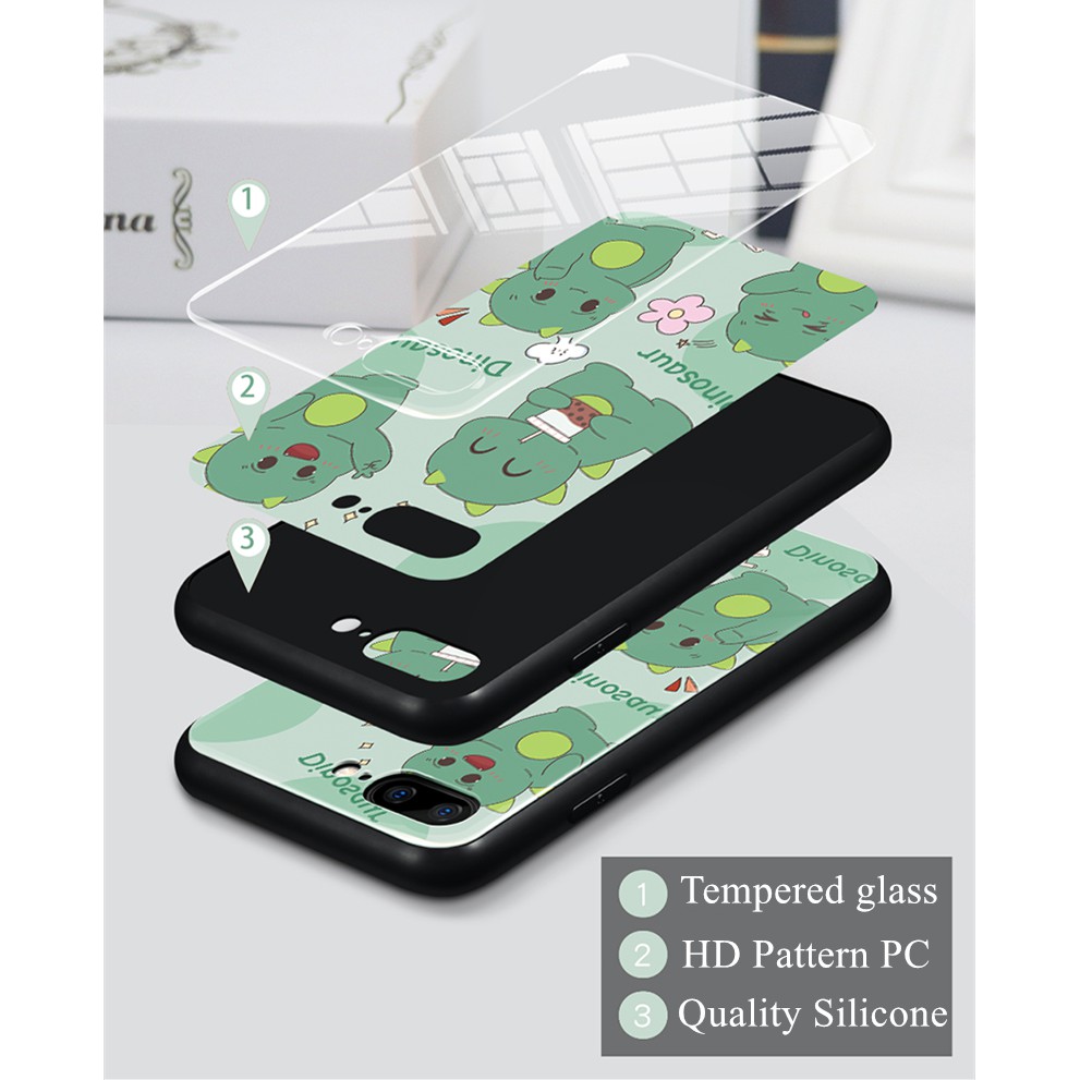 Ốp lưng OPPO A12 A12E A52 A72 A92 A9 A5 2020 Case Green Cartoon Dinosaur Tempered Glass Cover Ốp OPPO A31 A5S A7S F11 Pro f7 F9 F1s A83 Protection Phone casing Bao da