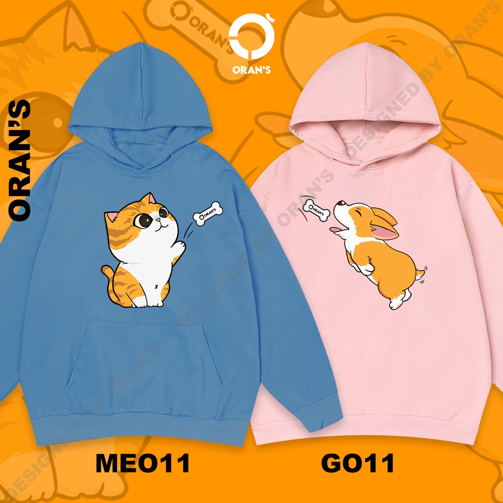 Áo Hoodie đôi in hình chó mèo ném xương 4 màu chất nỉ cotton lót bông cao cấp form rộng unisex - ORAN'S HOODIE COUPLE 11