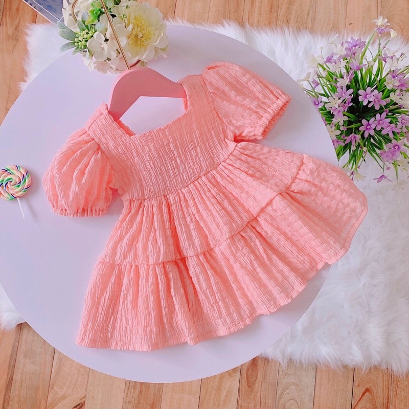 Váy Bé Gái(Mã 02) 8-42kg💕𝑭𝑹𝑬𝑬𝑺𝑯𝑰𝑷 💕 LINA KIDS💕- Đầm Công Chúa,hàng thiết kế - váy xốp nhăn hồng tôm.