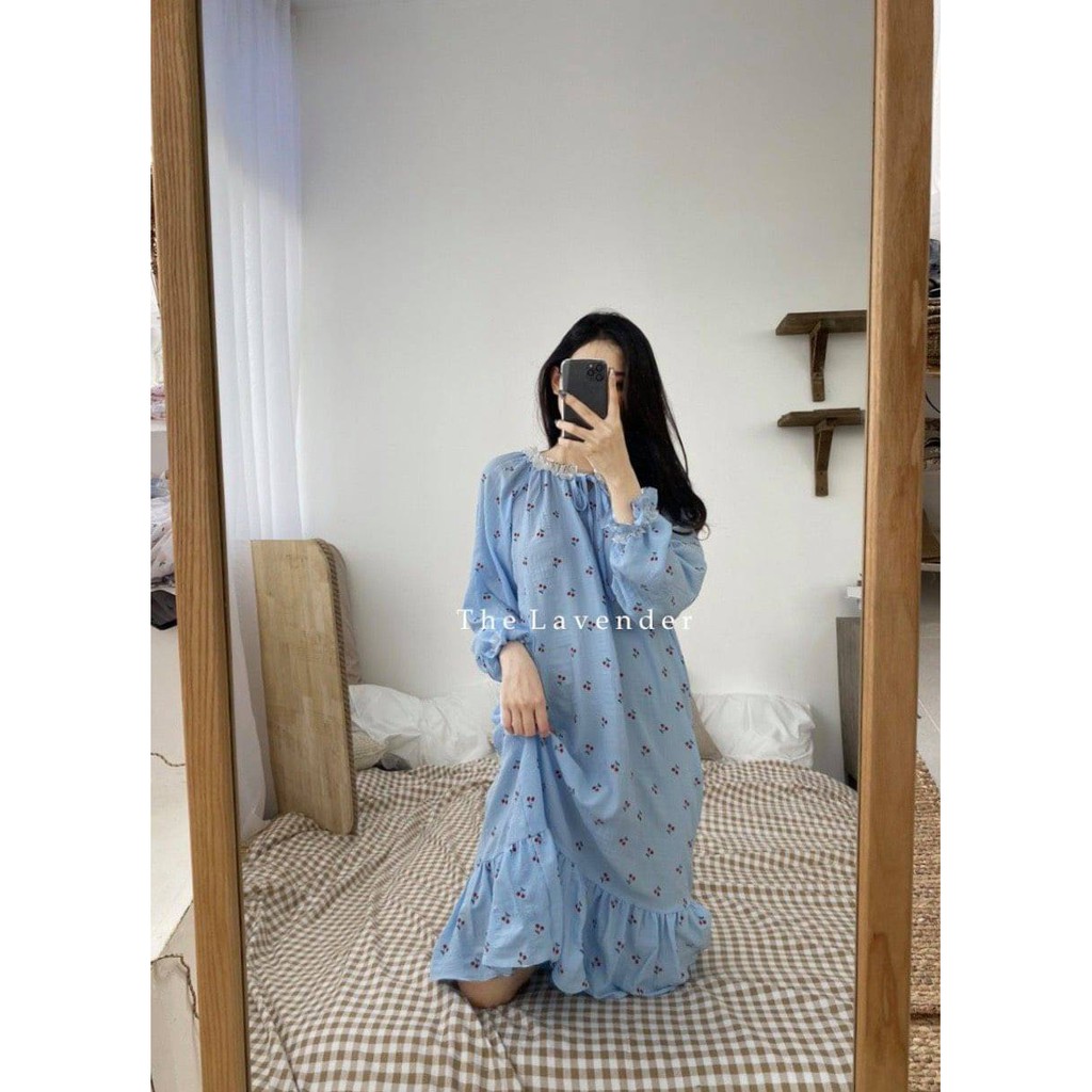 bộ đồ ngủ set và váy xanh trắng cherry và cherry xanh | BigBuy360 - bigbuy360.vn