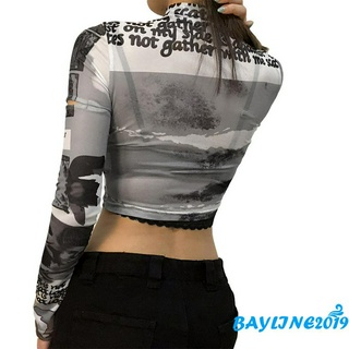 Bay-áo Crop Top dài tay thường ngày dành cho nữ in hình thời trang nửa cổ cao rỗng lộ rốn Slim Fit Top