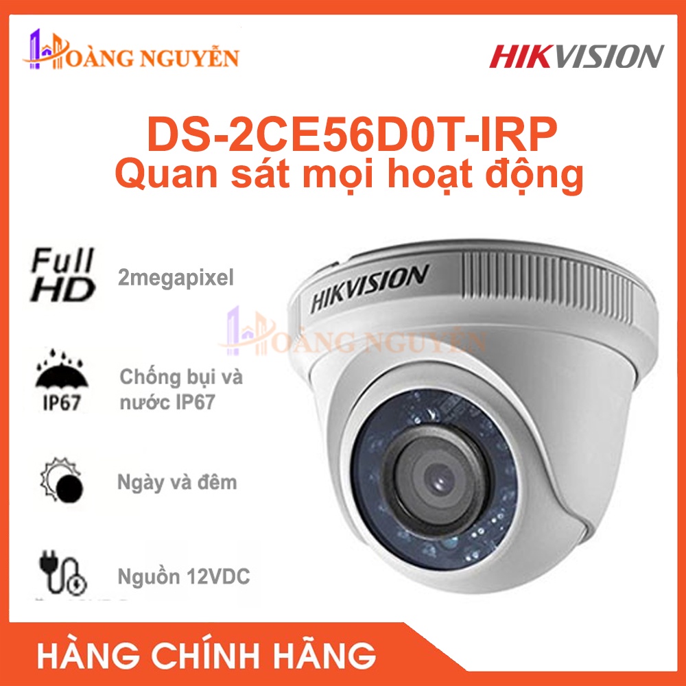 [Mã 273ELHA100K0 hoàn 7% đơn 500K] [NHÀ PHÂN PHỐI] Camera HD-TVI Hikvision DS-2CE56D0T-IRP hồng ngoại 20m 2MP