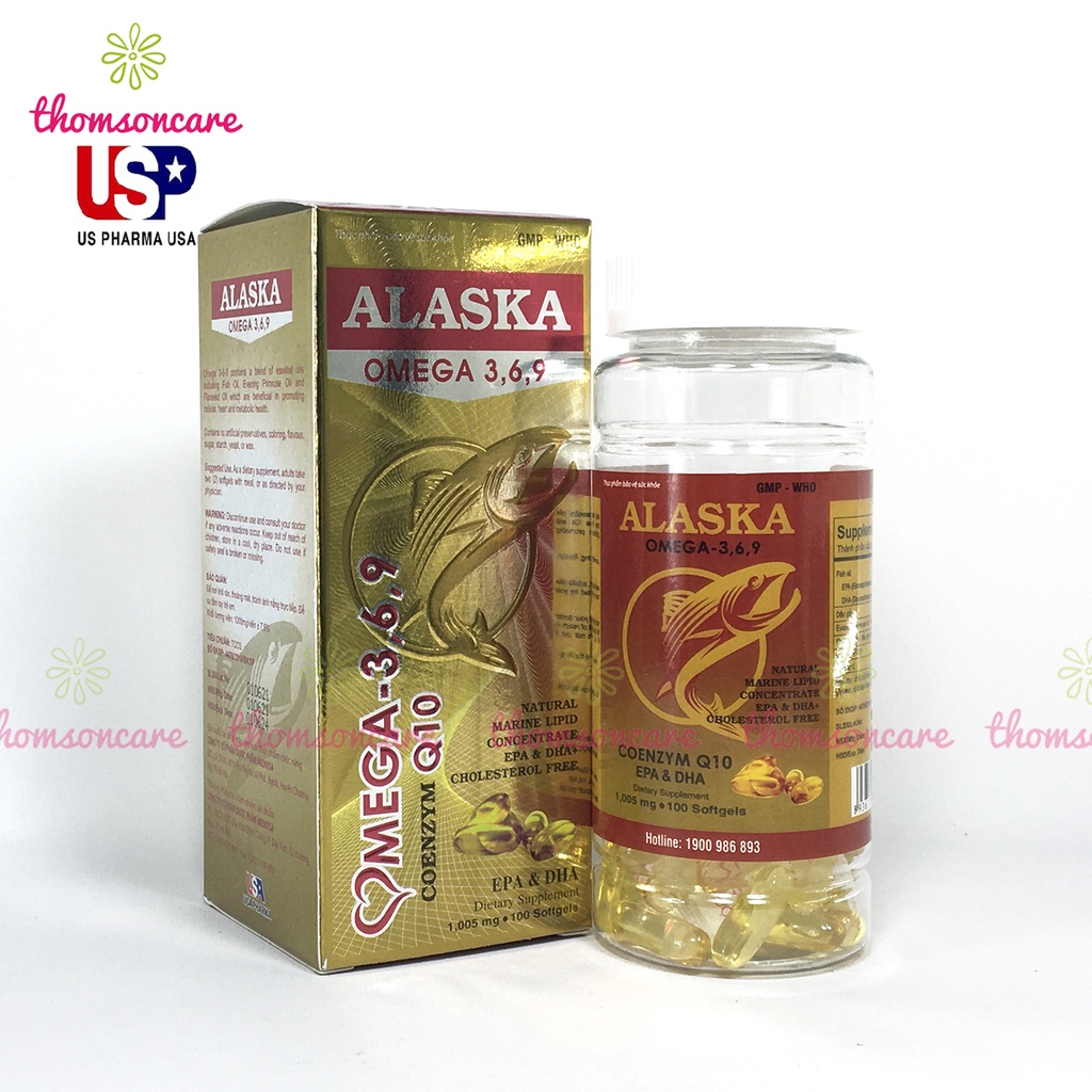 Dầu cá Alaska Hộp 100 viên bổ sung Omega 3 6 9, DHA EPA, có thêm dầu hoa anh thảo và coenzym q10, bổ mắt và tim mạch