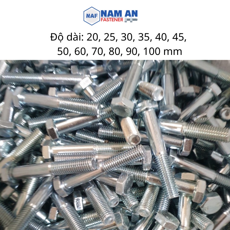 Bulong M10 cấp bền 8.8, bu lông lục giác M10, độ dài 20->100 mm. Màu: Đen, Vàng, Trắng