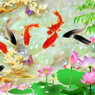 Tranh dán tường 3D Cửu Ngư Quần Hội keo sẵn(nhận in theo kích thước)