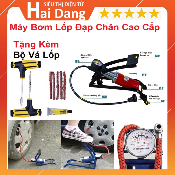 Bơm Lốp Xe Máy, ÔTÔ - Xe Đạp - Tặng Kèm Bộ Vá Lốp 5 Miếng Vá - Bơm Hơi Đạp Chân Mini Nhỏ Gọn Tiện Dụng