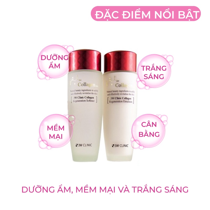 Bộ dưỡng da săn chắc làm trắng dưỡng ẩm chống lão hóa da chiết xuất từ Collagen 3W CLINIC Hàn Quốc [Nước Hoa Hồng+Sữa]