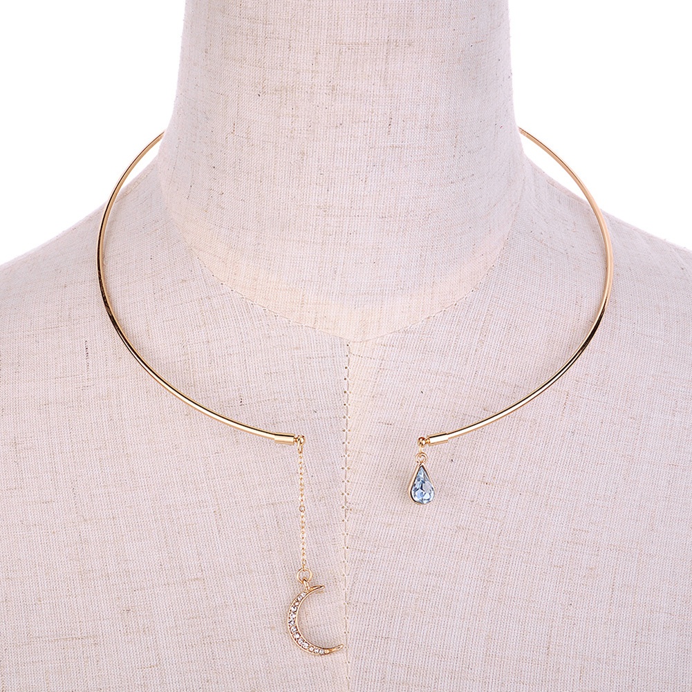 Dây chuyền dạng mở phối đá nhân tạo thời trang và mặt hình trăng khuyết cá tính cho nữ