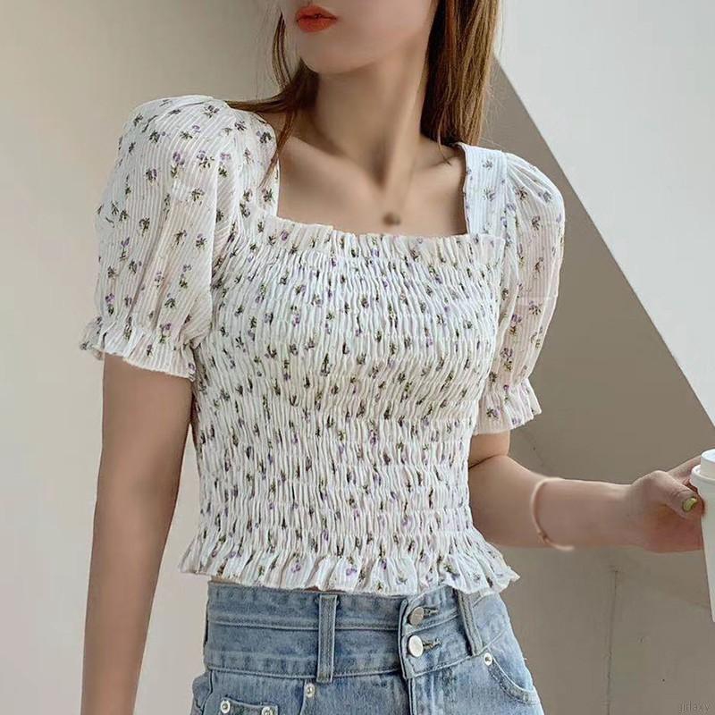 Áo Nhún Cổ Vuông Tay Ngắn Phồng Họa Tiết Hoa Nhí Xinh Xắn Thời Trang Phong Cách Hàn Quốc Cho Nữ