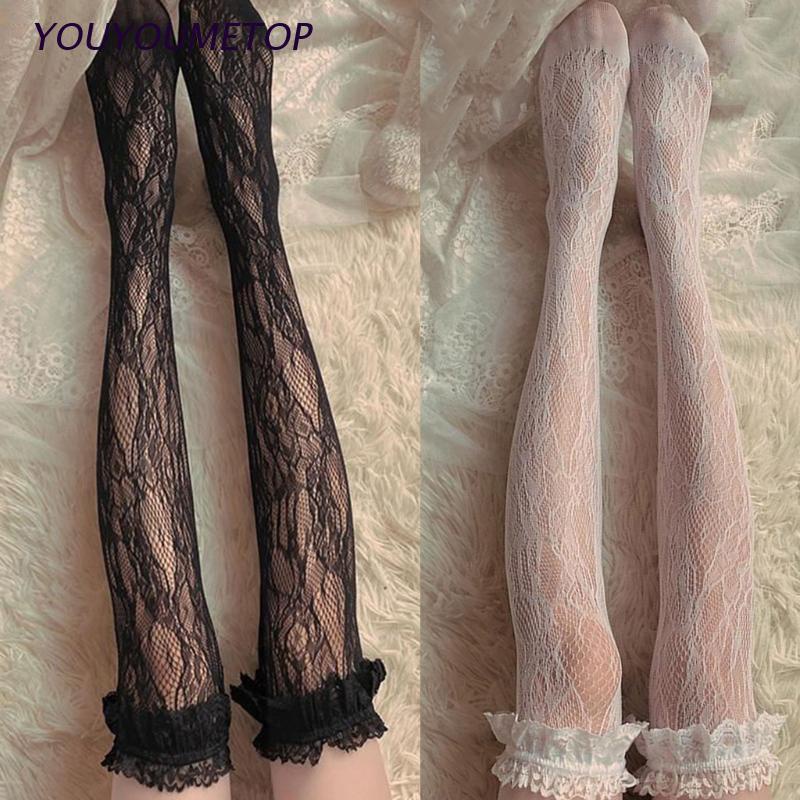 Tất lưới dài qua gối viền bèo nhún in họa tiết ren hoa phong cách Lolita Nhật Bản