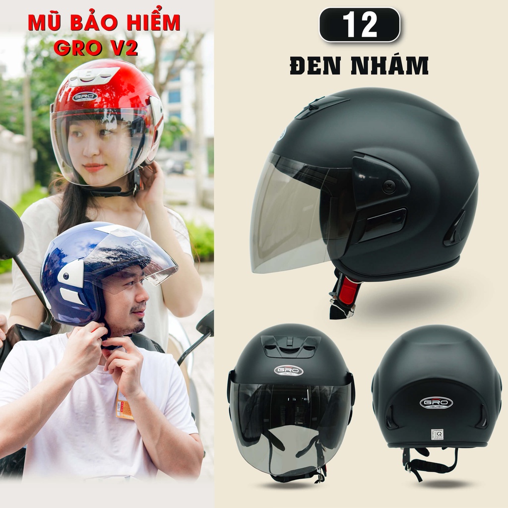 Mũ Bảo Hiểm 3/4 đầu GRO Helmet V2 có kính dài, kiểu dáng trẻ trung cho nam và nữ, khóa kim loại chắc chắn - Đen Nhám