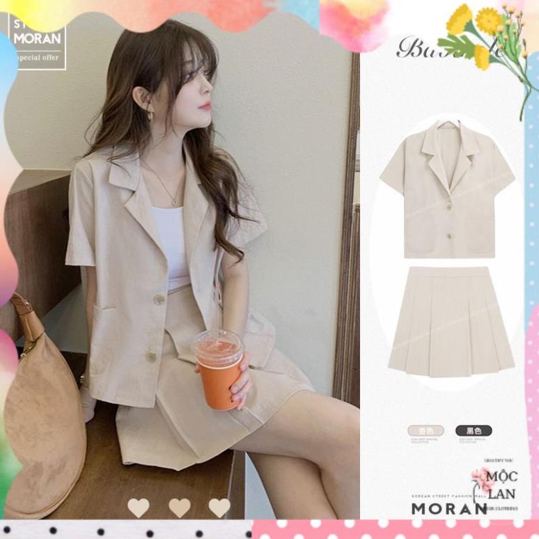 Set blazer cộc tay cài khuy + Chân váy xòe xếp ly style công sở Hàn Quốc trẻ trung thanh lịch