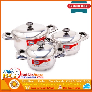 Bộ 3 nồi inox Sunhouse 3 đáy siêu bền SH333 chính hãng - Dùng được mọi loại bếp