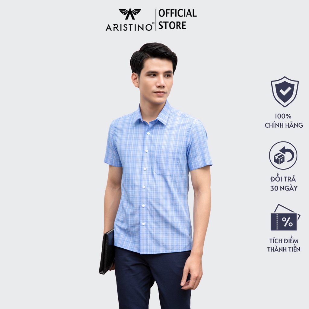 Áo sơ mi nam ngắn tay ARISTINO dáng Perfect fit suông vừa, họa tiết xanh kẻ trắng lịch lãm - ASS143S1