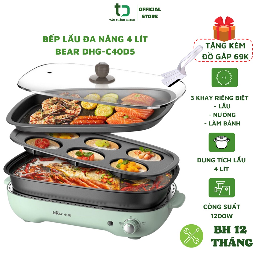 Nồi Lẩu Nướng Đa Năng Bear 3 Khay Công Suất 1200w, Dung Tích Lẩu 4 Lít, Hàng Quốc Tế Chính Hãng, Bh 12 Tháng