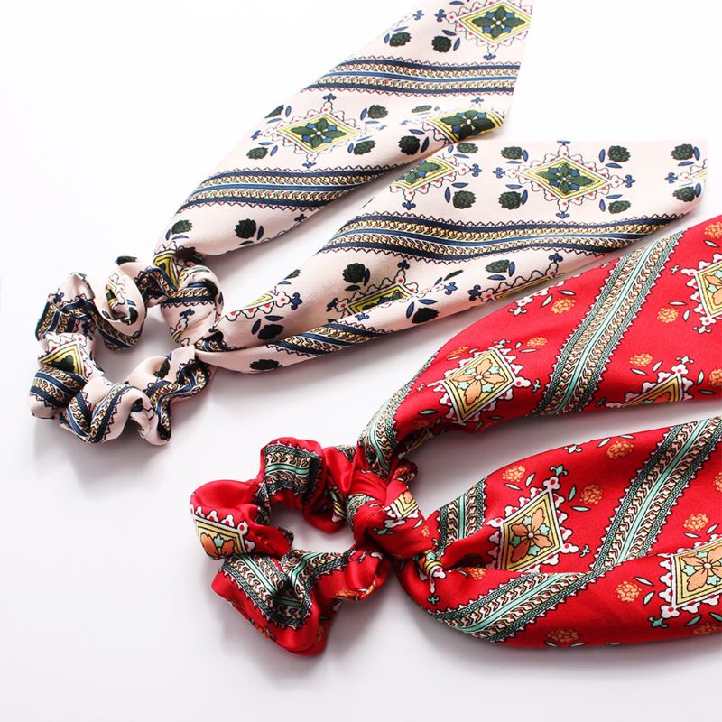 Dây Cột Tóc Giả Lụa Họa Tiết Hình Học Phong Cách Vintage Châu Âu