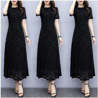 Đầm maxi dáng dài phối ren màu đen cỡ lớn