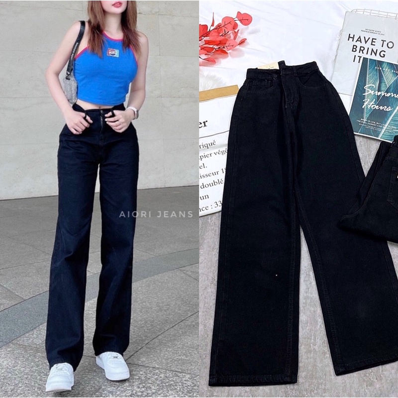 Quần Jean Nữ Aiori Fashion Ống Suông Lưng Cao Trắng Đen Quần Bò Ống Rộng Culottes Cotton Ulzzang, Hàng Cao Cấp_Mã AF3335