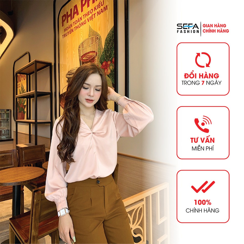 Áo sơ mi nữ lụa nhật SEFA dài tay basic trơn cổ xoắn dáng suông dài kiểu Hàn Quốc thời trang thu đông 2021